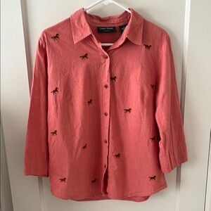 LEMON GRASS coral cotton Button-Up Shirt Horse Embroidery Rodeo western novel L